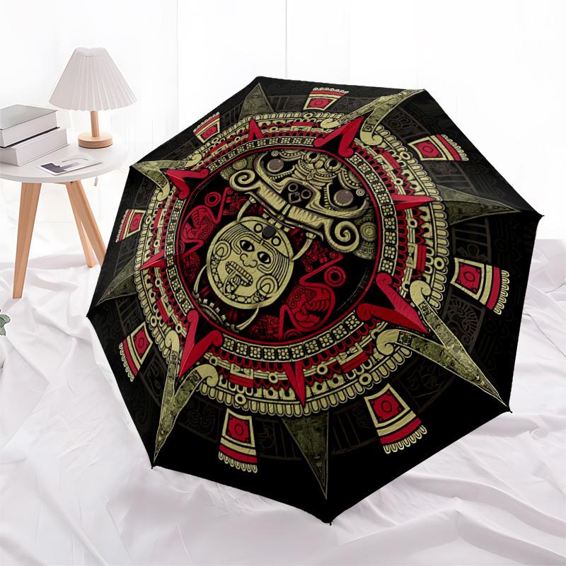 1pc Mayan Calendar Aztec Sun Automatic Folding Umbrella, Lightweight Retractable Compact Travel Umbrella, 8-Rib Sturdy Frame147