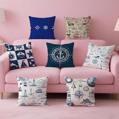 Ocean Blue Compass with Anchor Cushion Cover Pillow Case Soft Skin Friendly Fabric Concealed Zipper