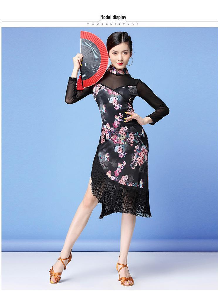 Autumn New Latin Dance Mesh Tassel Cheongsam Dress for Women - Practice & Performance
