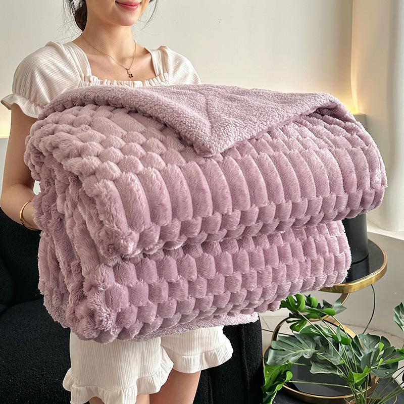 Thick Double-Layer Lamb Plush Solid Blanket Faux Fur Throw Quilted Shawl for Winter Air Conditioning Blankets for Home Travel