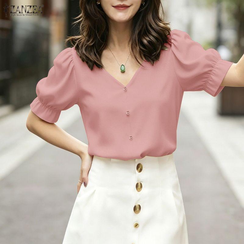 ZANZEA Women Casual V-Neck Solid Color Short Sleeve Blouse