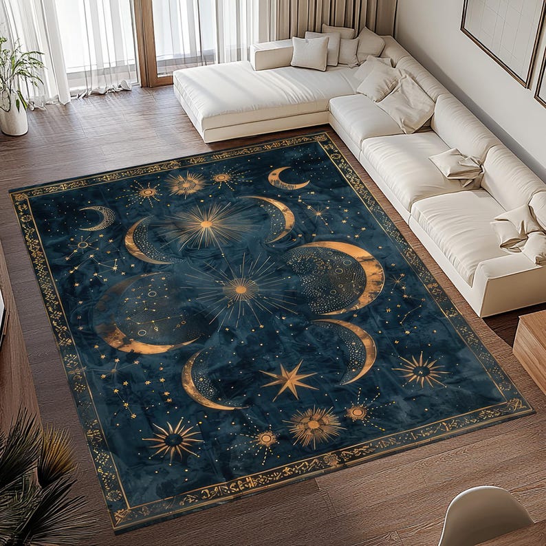 

Starry Night Sky Moon and Stars Pattern Rug Celestial Decor Carpet Elegant Bedroom Living Room Floor Mat with Cosmic Design 60*90cm