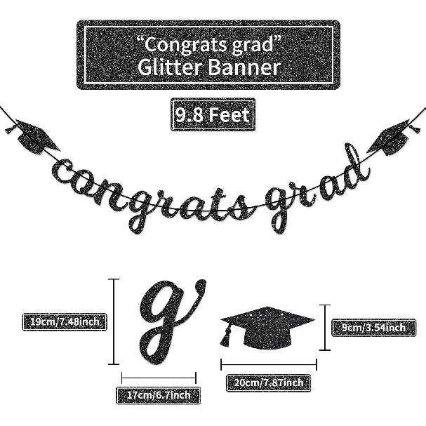 Congrats Grad Banner Decorations - Hanging Glitter Graduation Banner with Cap Garland Sign Bunting for Graduation Celebration Photo Backdrop, College