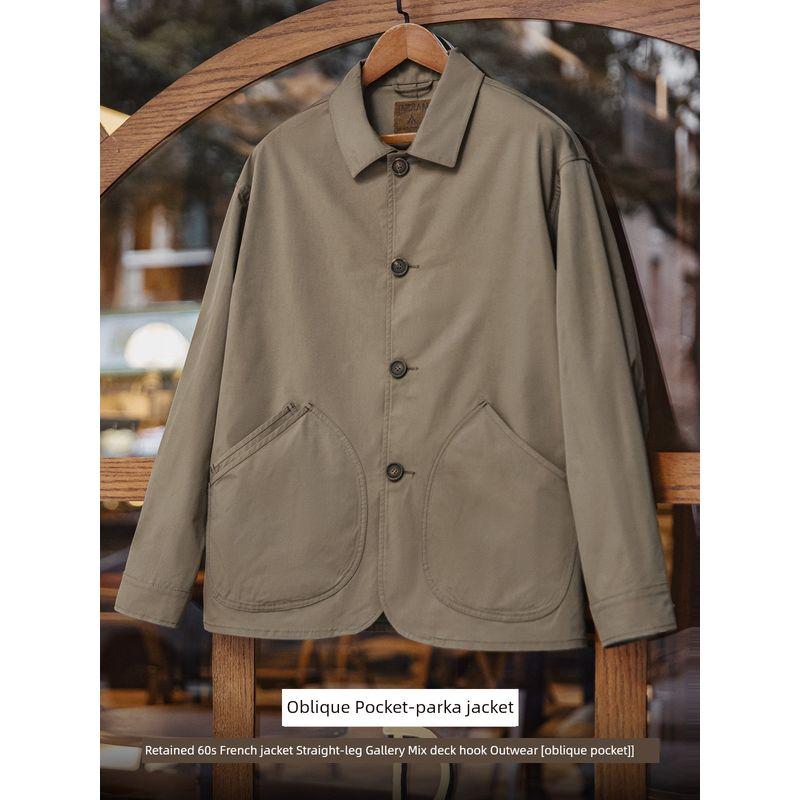 Madden Parka French Style Retro Oblique Pocket Parka Jacket Thin Woven Lapel Casual Profile Outwear Men's Autumn