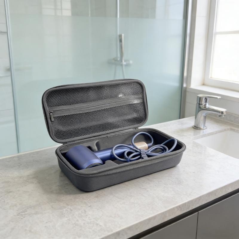 Travel Organiser Bag for Hair Dryer and Styling Tools Features Expandable Mesh Pouch Compactly