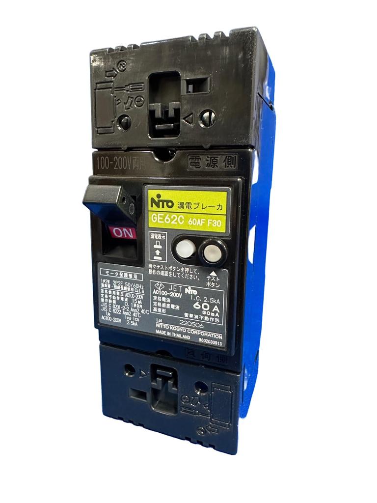 Nitto Kogyo Earth Leakage Circuit Breaker, Agreement Type, GE62C, 2P, 60A, F30, GE62C2P60AF30
