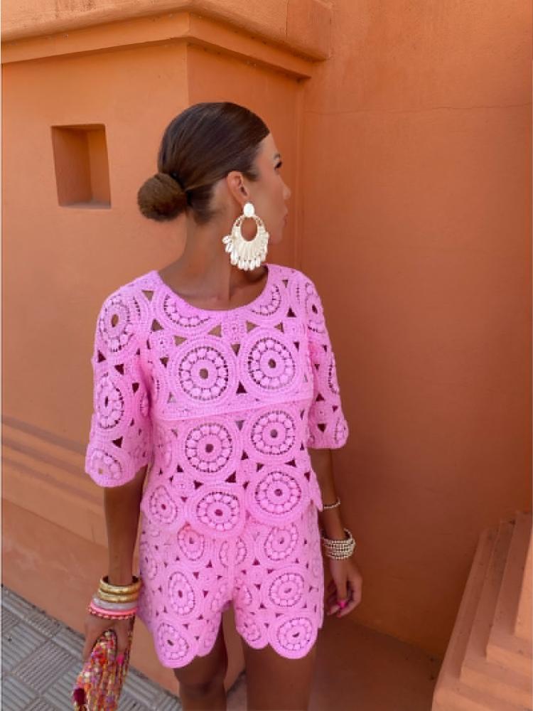 Σέξι Διχτυωτά Κροσέ Σετ Δύο Τεμαχίων Γυναικεία Μπλουζάκια με Κοντό Μανίκι + Ψηλόμεσο Χαλαρό Σορτς Γυναικεία Μόδα Σικ Μονόχρωμα Streetwear Κοστούμια Παραλίας