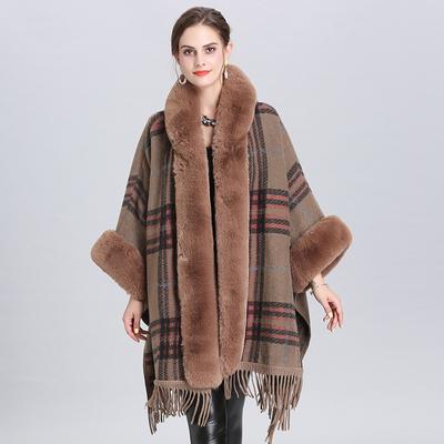 4 Farben Winter Dicker Warmer Übergroßer Mantel Frauen Plaid Langes Faux Kaninchenfell Lose Poncho Cape Mode Quaste Mantel Mit Hut