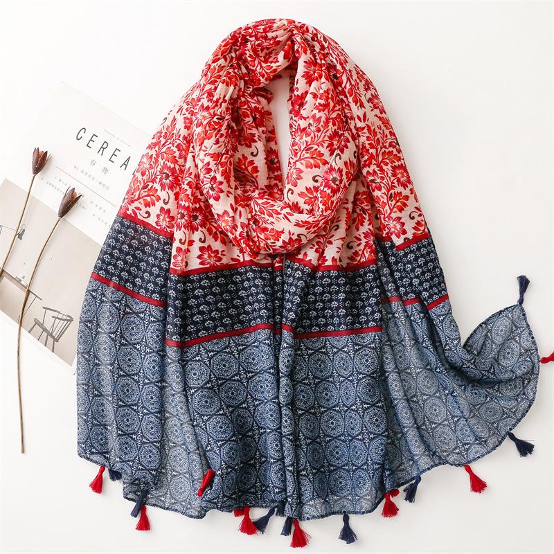 "Bali Yarn Cotton-Linen Scarf: Fresh Solid Color, Fruit Green & Bright Yellow Leaf Print with Tassel Detail"