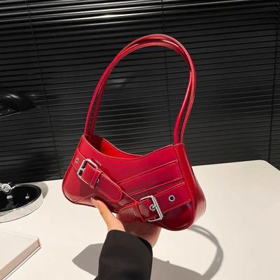 PU Shoulder Bag for Women Monochromatic Buckle Decoration Zipper Stitching Line Delicate Fashion Bag