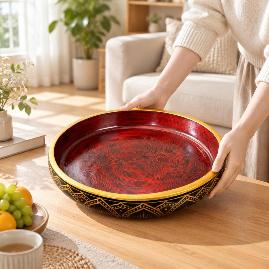 Round Solid-Wood Serving Bowl Deep Footed Wooden Handcrafted for