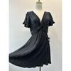 Lus **Slim Looking Dress Black Silver V Neck Ruched Flying Sleeves High Waist A- Line Pleated Elegant Commuting Style Dress