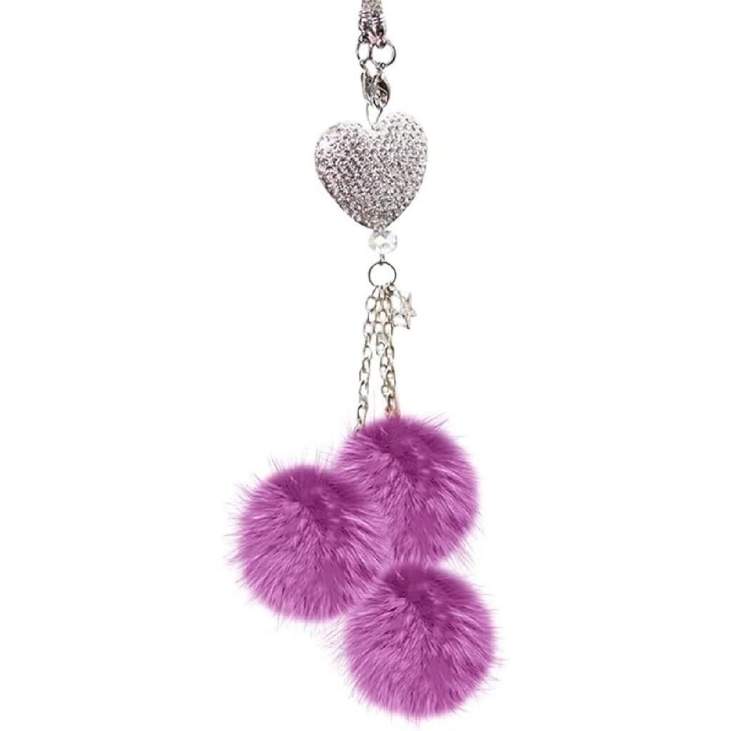 Bling Heart Rhinestones Diamond Car Accessories, Cute Love Heart Plush Ball Car Mirror Hanging Accessories Lucky Rearview Mirror Charms Decorations