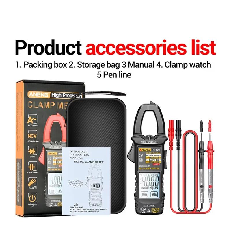 AB34- PN109 Smart Clamp Meter Digital Multimeter 4000 Counts 600A High Current Non-Contact Voltage Tester NCV Capacitance T