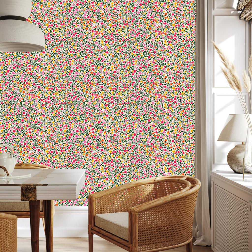 Wallpaper Small Flowers Beige, Green and Coral for Living Room and Bedroom 50x1000