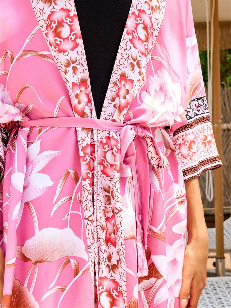 EDOLYNSA Bikini cu imprimeu boem Rochie kimono cu centură elegantă Tunica 2024 Vară Femei Marime mari Îmbrăcăminte de plajă Costum de baie acoperire Q996