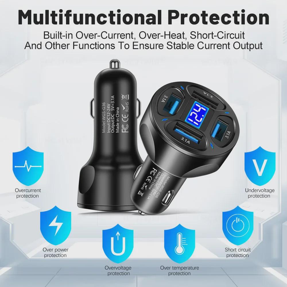 3.1A 4-Port Car Charger with Digital Display and Voltage Indicator
