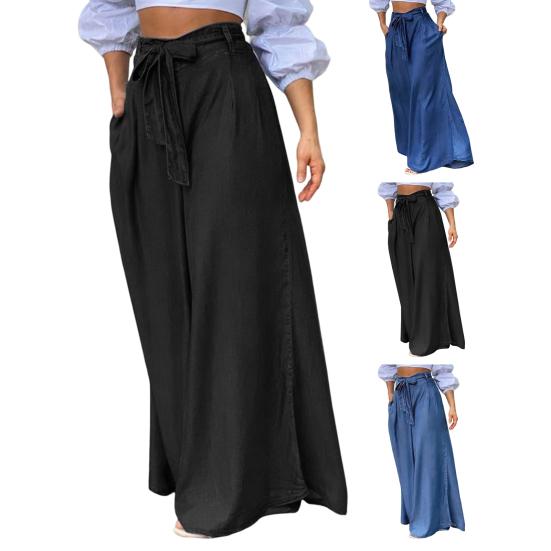 Women Pants Solid Color Oversized Long Tight Waist Wide Leg Lady Pants
