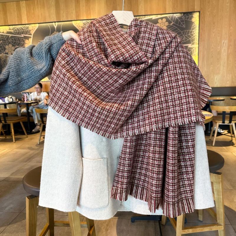 Gentle tie imitation cashmere knitted scarf women's autumn and winter color plaid fringed scarf large shawl