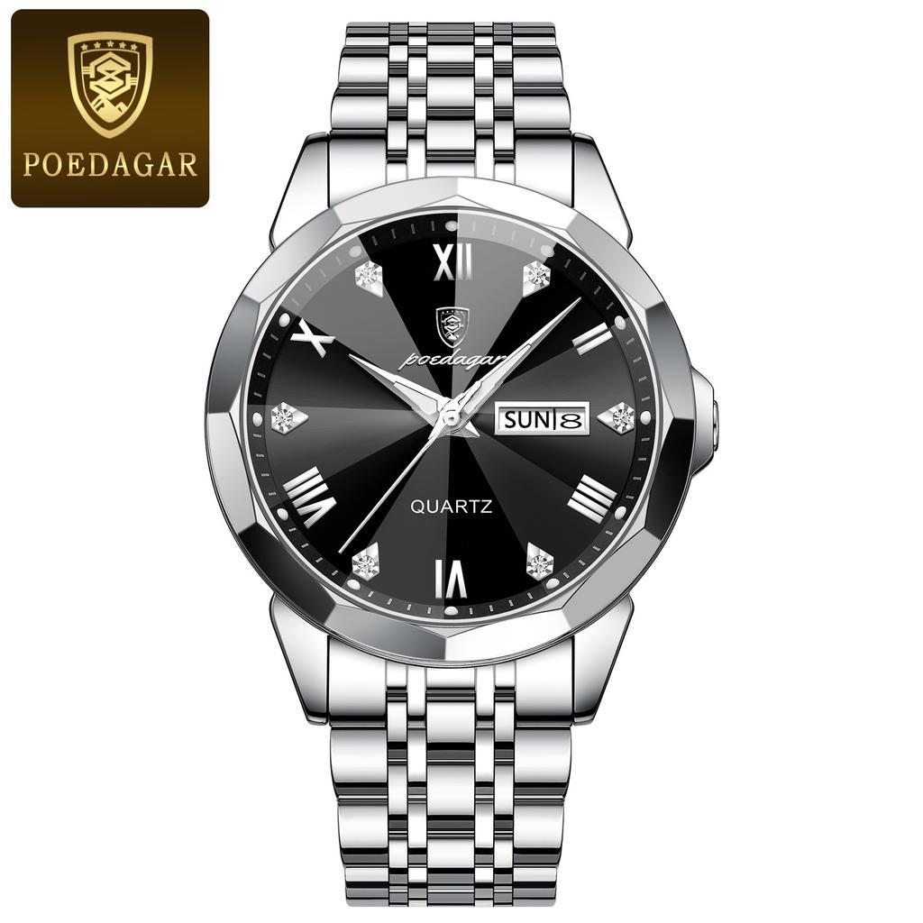 POEDAGAR Orologio da uomo di lusso originale impermeabile luminoso con data settimana acciaio inossidabile quarzo moda