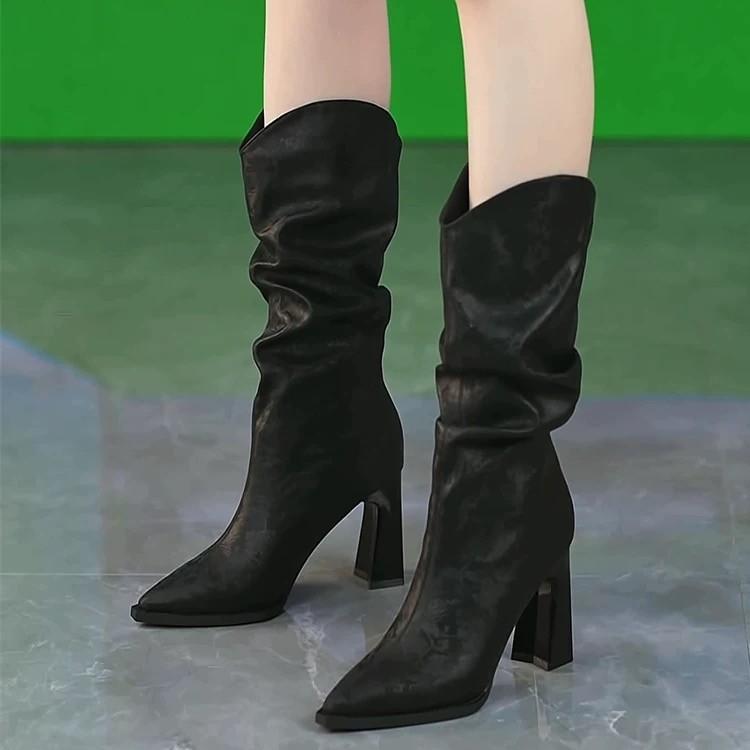 

High-heeled boots 2024 new autumn and winter pointed thick heel versatile fashion pleated thin boots temperament women s boots 34 чёрный