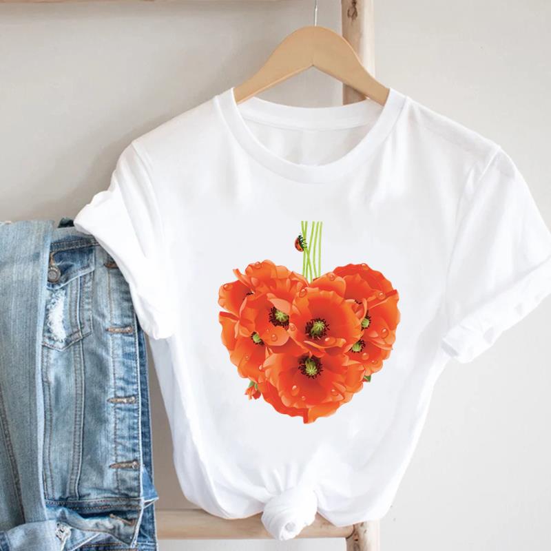 (European Size)  90s Print Tee Women Peace Flower Trend Cute Top Clothing Fashion T-shirt Lady Female Casual Short Sleeve Graphic T-shirt