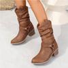 Fashion Classic Pleated Design Riding Boot Woman Triangle Buckle Strap Western Booties Ladies Heeled Pointed Toe Brand Design Long Botas