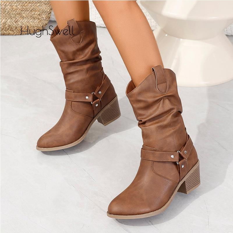 Fashion Classic Pleated Design Riding Boot Woman Triangle Buckle Strap Western Booties Ladies Heeled Pointed Toe Brand Design Long Botas