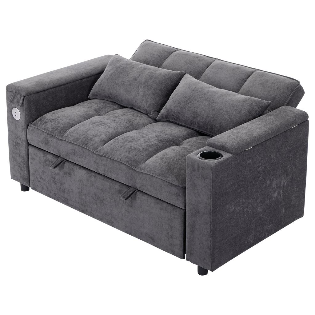 N625P352301302303G) Sleeper Sofa 3-in-1 Pull-out Sofa, Adjustable Backrest, USB Port, 2-Seater Sofa Daybed, with Hidden Table, Cup Holder, Grey