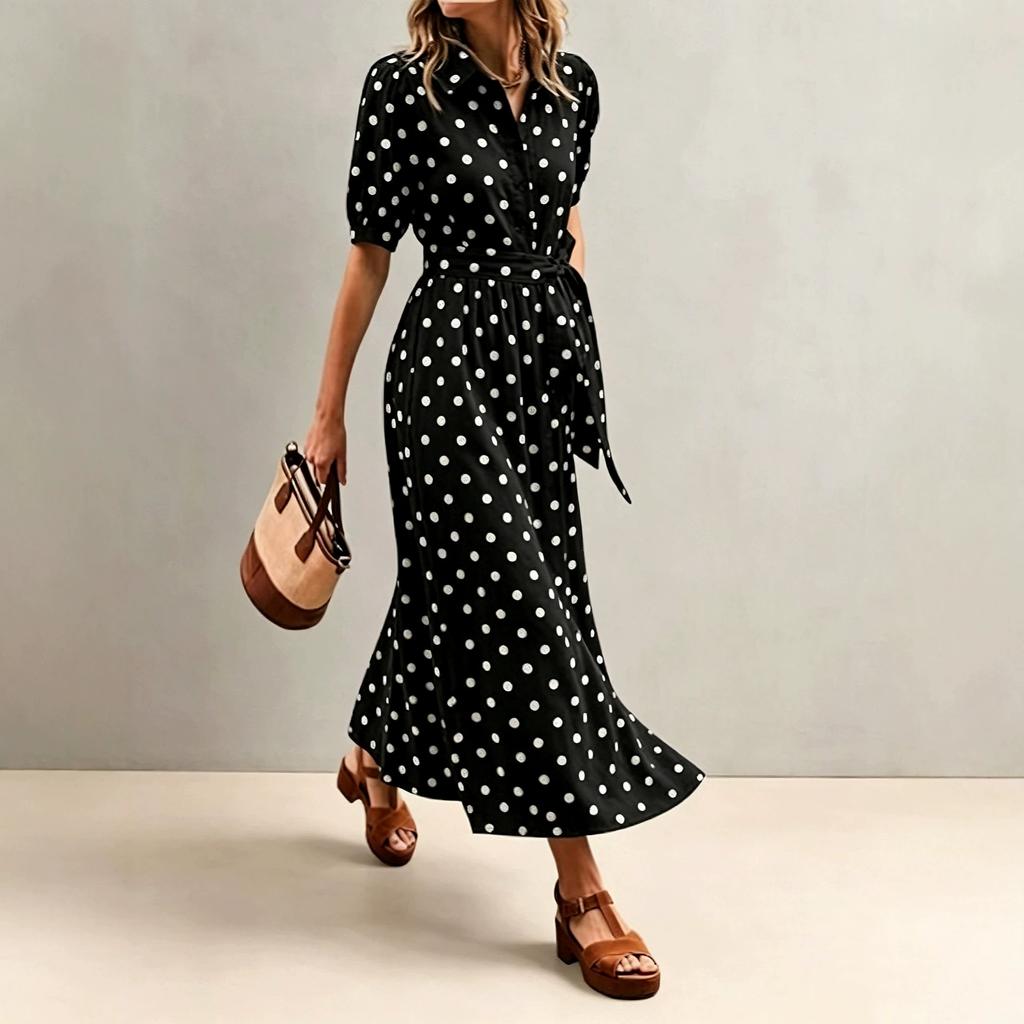European and American Women's Clothing Elegant and Fashionable Summer New French Waist Polka Dot V-neck Slim-fitting White Dress