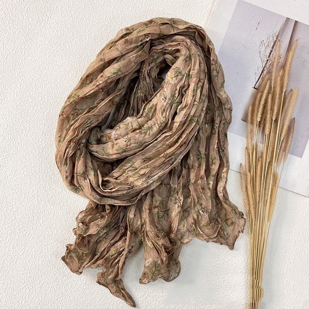 New Retro Literary Imitation Cotton And Linen Pleated Thin Versatile Shawl Small Floral Scarf Yarn Japanese Fashion Trend
