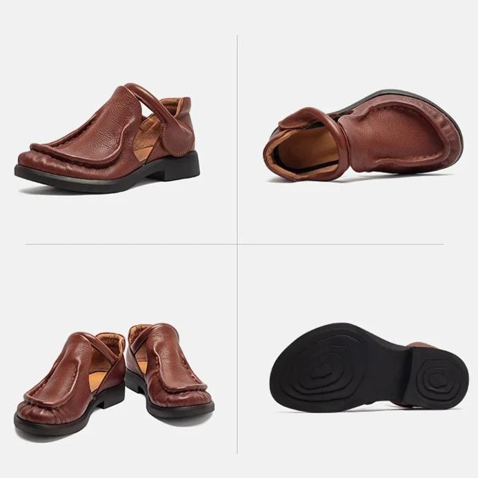 Johnature Sandales de Ville en Cuir Véritable Rétro Polyvalentes Peau de Vache Bout Rond Petit Talon Chaussures pour Femmes
