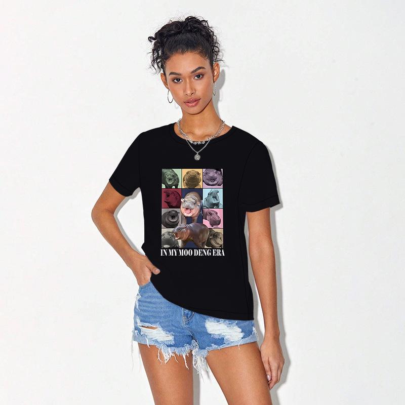 Ladies' Loose Casual Fun Moo Deng Bouncing Pig Print Pure Cotton Short Sleeved Top T-Shirts Women’s