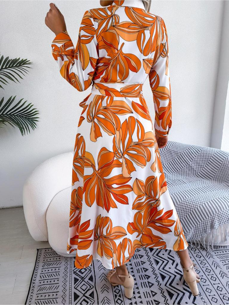Abito Stampato con Colletto Revers Bottoni Vita Alta Elegante Abito Camicia per Donna Manica Lunga Abiti Ampi Abito Casual