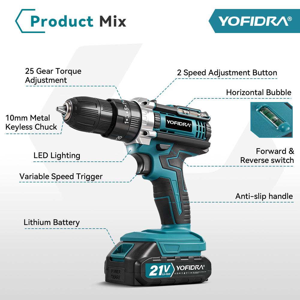 Yofidra 60N.M L 25+3 Torque Electric Impact Dril Cordless Electric Screwdriver With 32/53PCS Tool Kit Power Tool For 21V Battery