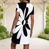 Women Plus Size Round Neck Short Sleeve Black White Printed Fitted Mini Dress