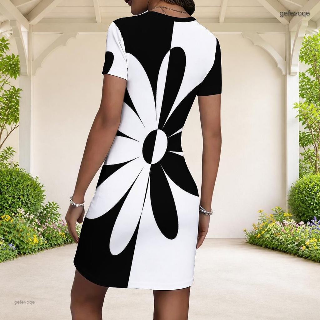 Women Plus Size Round Neck Short Sleeve Black White Printed Fitted Mini Dress