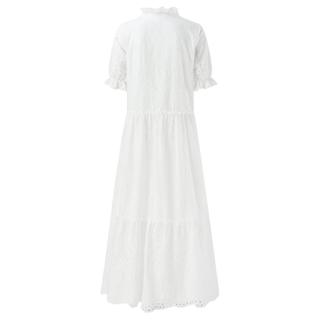 Summer White Dress for Women Casual Hollow Crochet Bohemian Loose Beach Long Dress Ladies Holiday Ruffles Dress