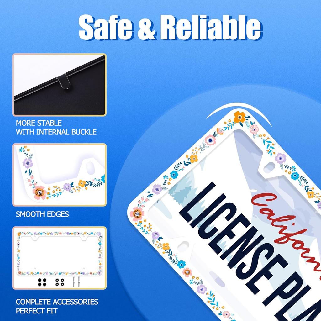 Colorful Flowers License Plate Frame Colorful Wildflower Floral License Plate Frames Stainless Steel Accessories Cars Decor With 4 Holes And Screws