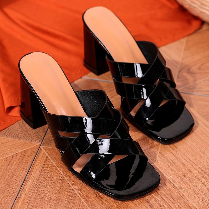 Fashion Women's Slippers Summer High Heels PU Leather Women's Thick Heel Sandals Casual Solid Color Large Size Open Toe Zapatillas