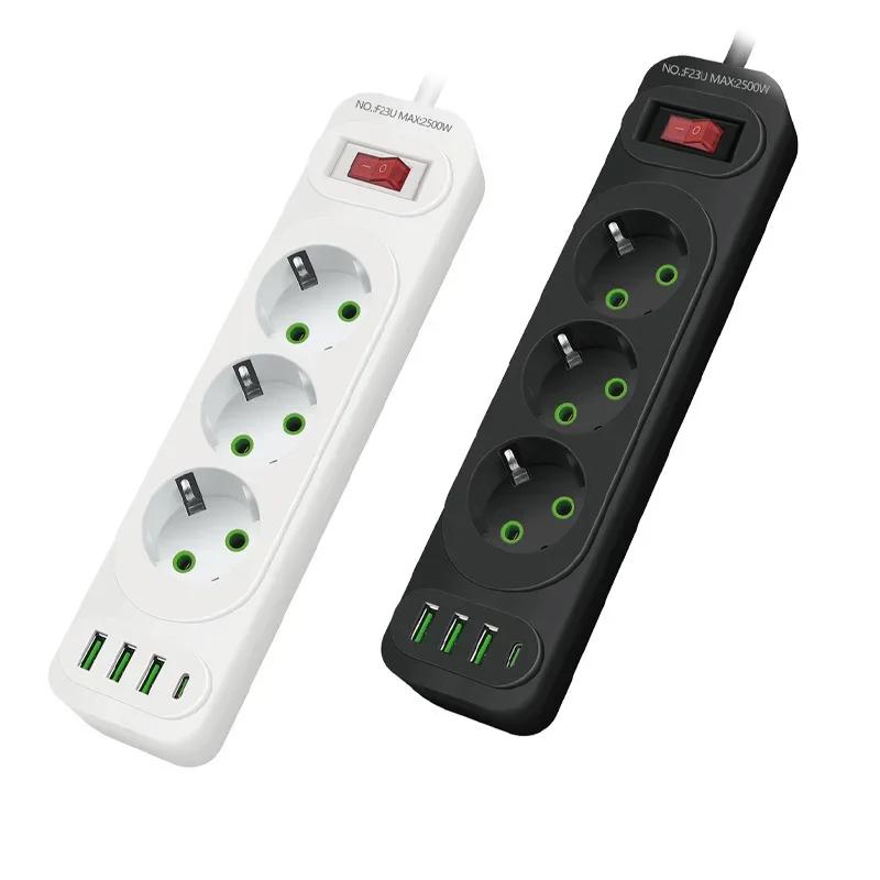 EU Plug Power Strip 3 AC Outlet Multitap Extension with 4 USB Ports 2m Cord Electrical Socket 2500W Fast Charge Surge Protector