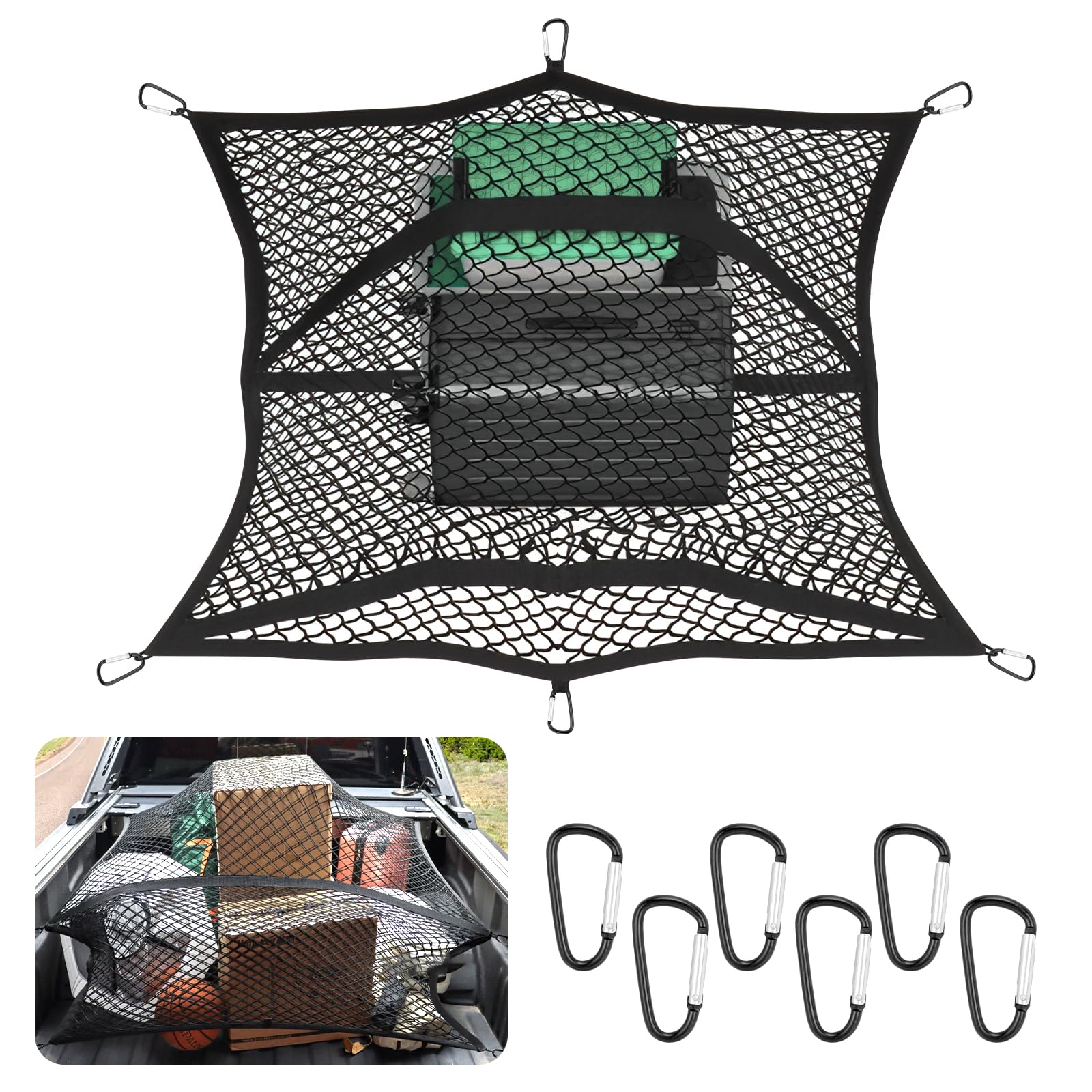 

SANLIKE Cargo Net, Highly Elastic Truck Bed Cargo Mesh Organizer, Car Luggage Net, Roof Carrier, Touring Net, Hooks Included (Double Layer, 120*120cm)