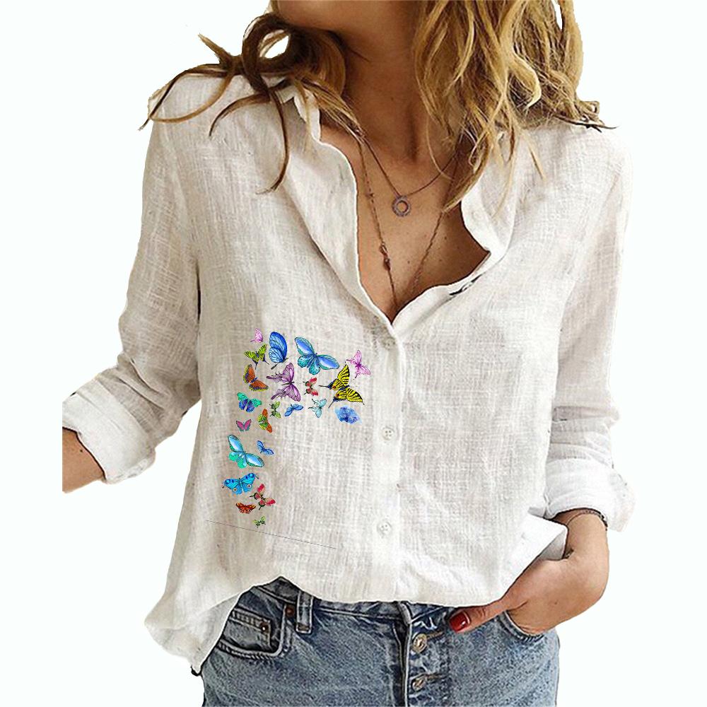 Women Fashion Print Shirt Female Casual Cotton Linen Long Sleeve Top Plus Size Loose Button-down Blouses