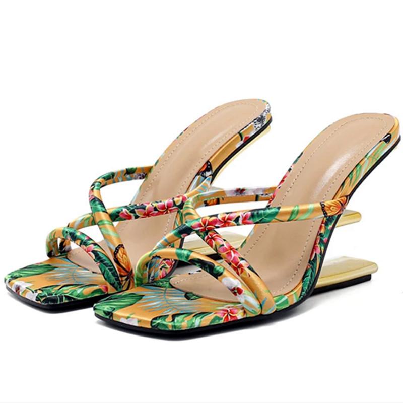 Fashion Fashion Colour Square Toe Metal Wedge Slippers Women Strange Mules Slides High Heels Party Shoes Sandalias De Mujer Verano 2025
