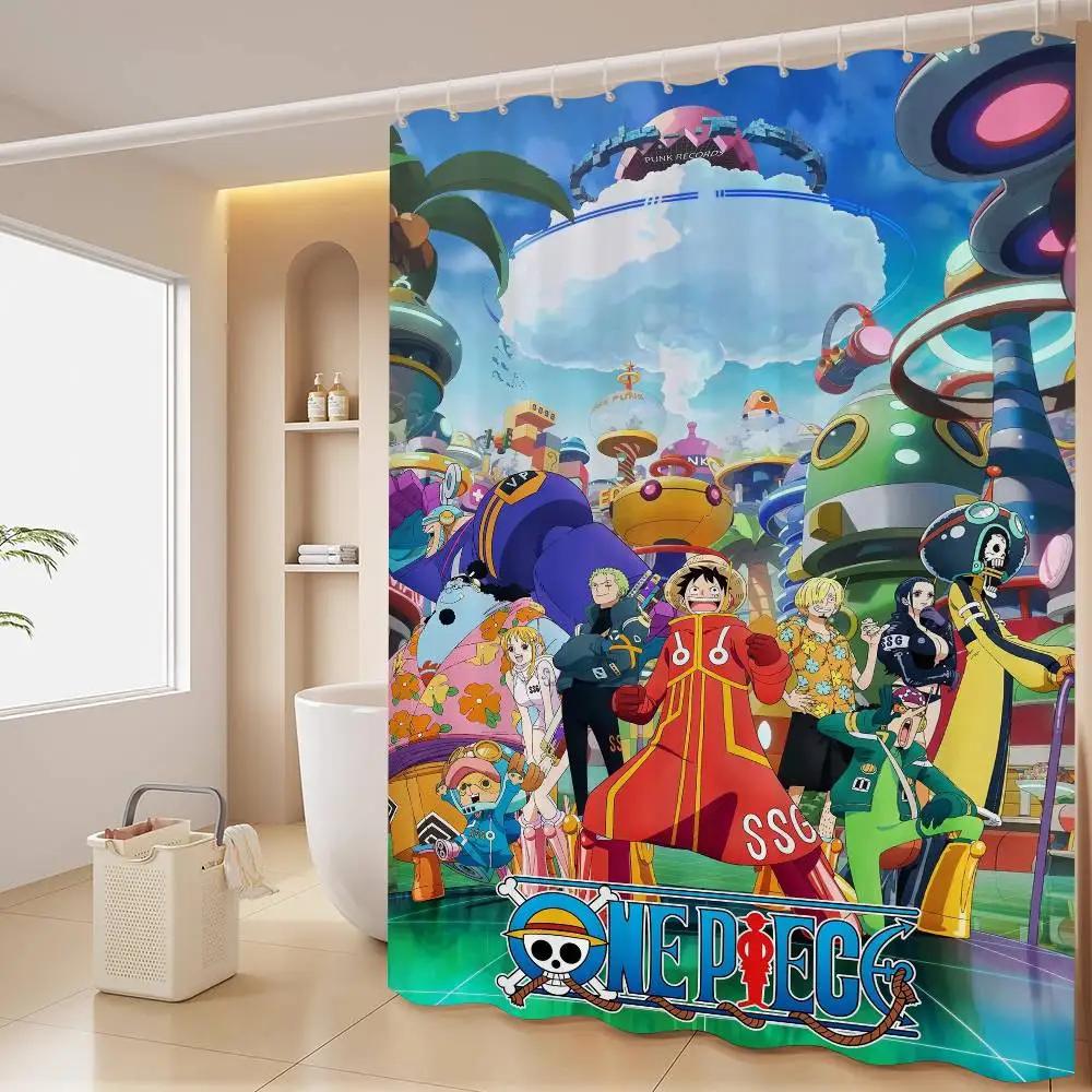 Anime O-ONE P-PIECE Shower Curtain Outdoor Scenery Summer Vacation Bathroom Decor Holiday Polyester Bath Curtain With Hooks