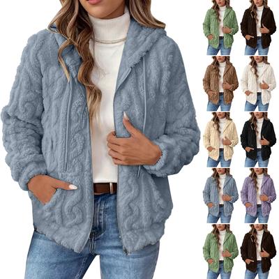 Damen Plüschjacke, Lässige einfarbige Kapuzenjacke mit Kordelzug