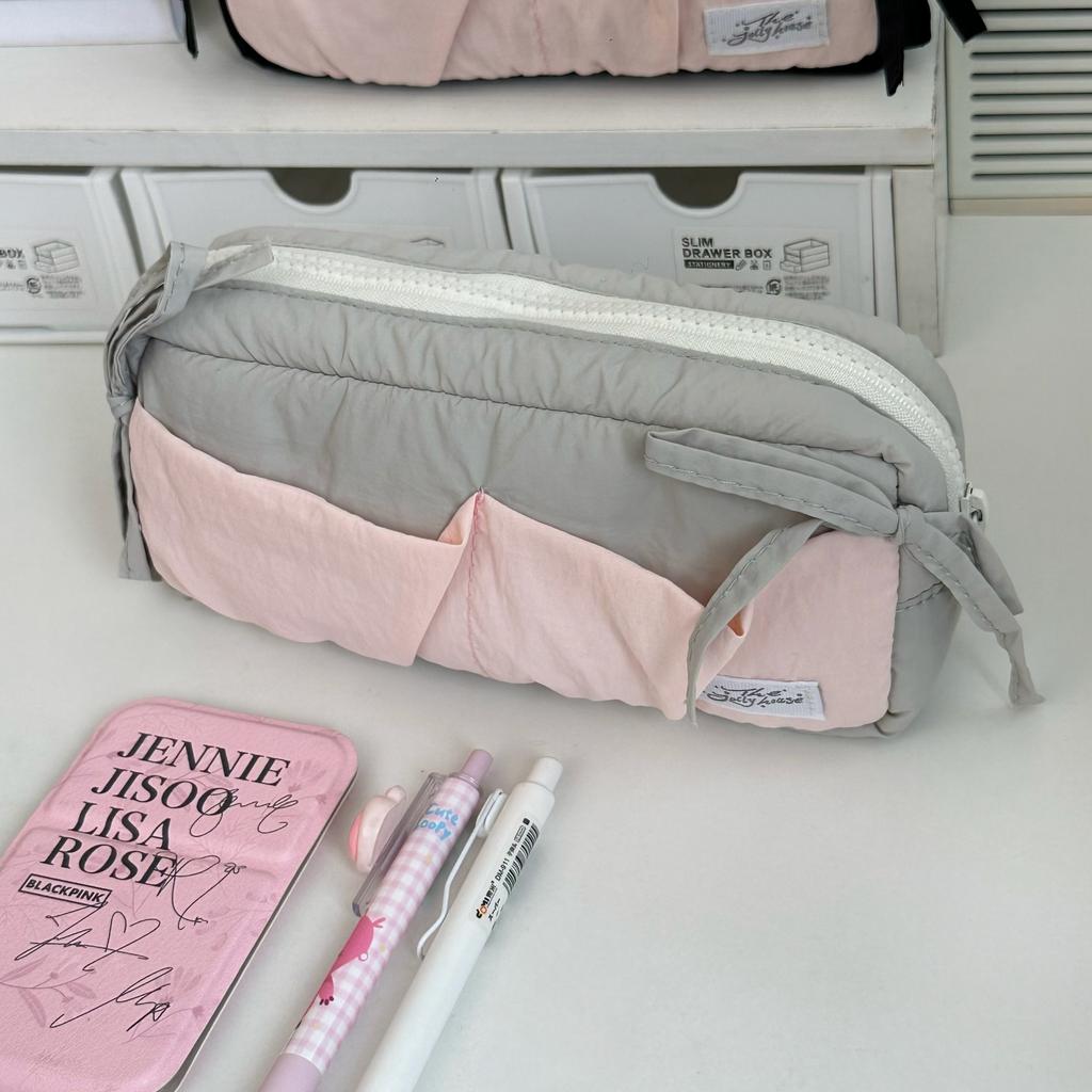 1 Piece Cute Fashion Bow Pencil Case Soft Fabric Casual Large Capacity Stationery Case Portable School Pen Bag Student
