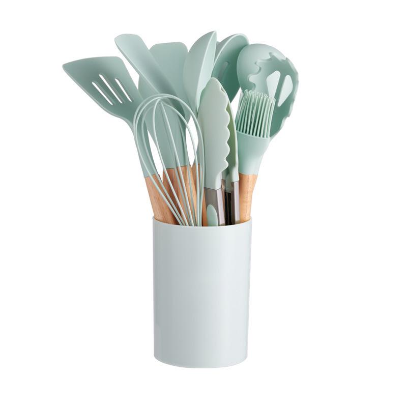 12-Piece Non-Stick Silicone Kitchen Utensil Set with Wooden Handles - High-Temperature Resistant Spoons and Spatulas