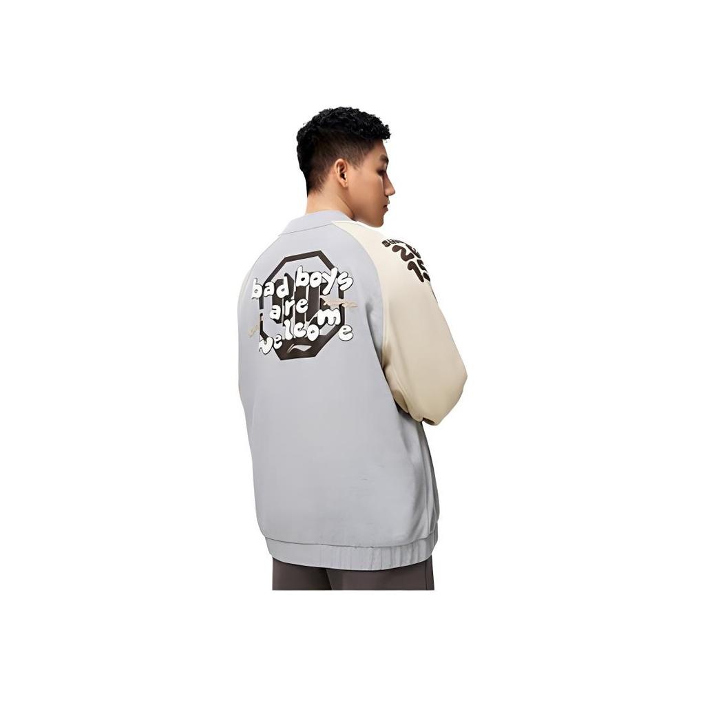Li-Ning Anti-Five Series American Retro Color Block Embroidered Cardigan Knit Sports Baseball Jacket Men Jackets Flower-Gray Fog Khaki AJDT625-1