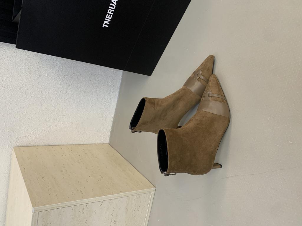 2025 French Suede Splicing Pointed Thick High-heeled Short Boots Women's Autumn and Winter New Fashionable Versatile Rear Zipper Short Boots